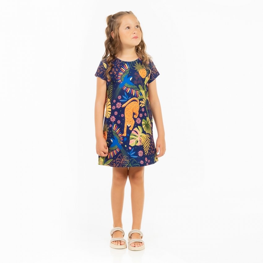 Vestido Infantil Floresta Infantil Onça Arara Candy Color Estampado Onça Arara Candy Color Estampado Onça Arara Candy Color