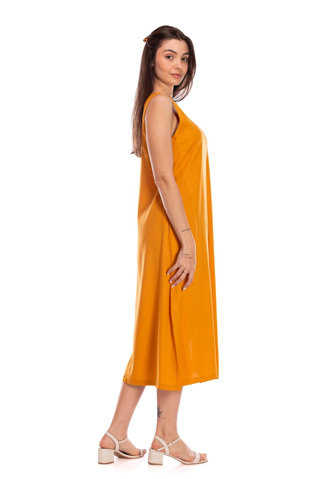 Vestido Feminino Linho Clássico com Bolso Mostarda Vestido Feminino Linho Clássico com Bolso Mostarda