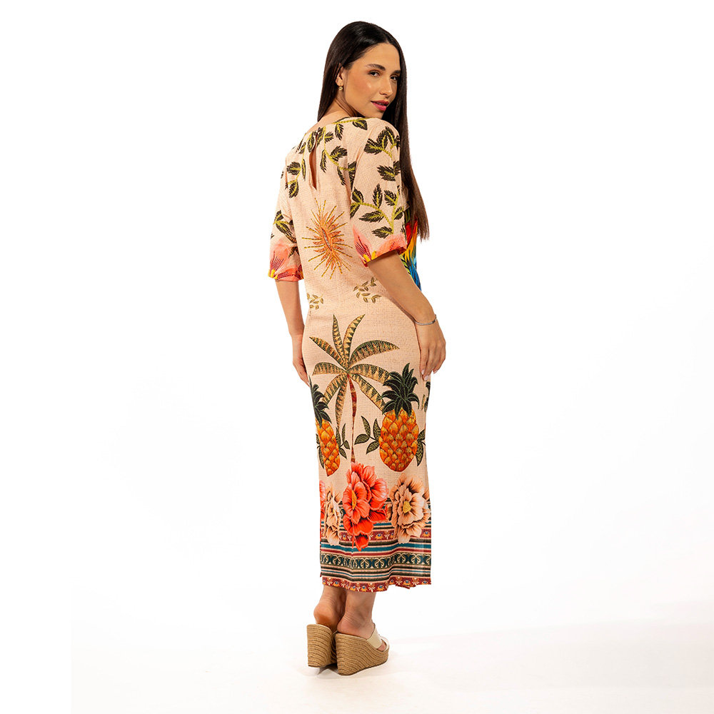 Vestido Feminino Kaftan Atena Estampado Aves Tropicais Barrado Vestido Feminino Kaftan Atena Estampado Aves Tropicais Barrado
