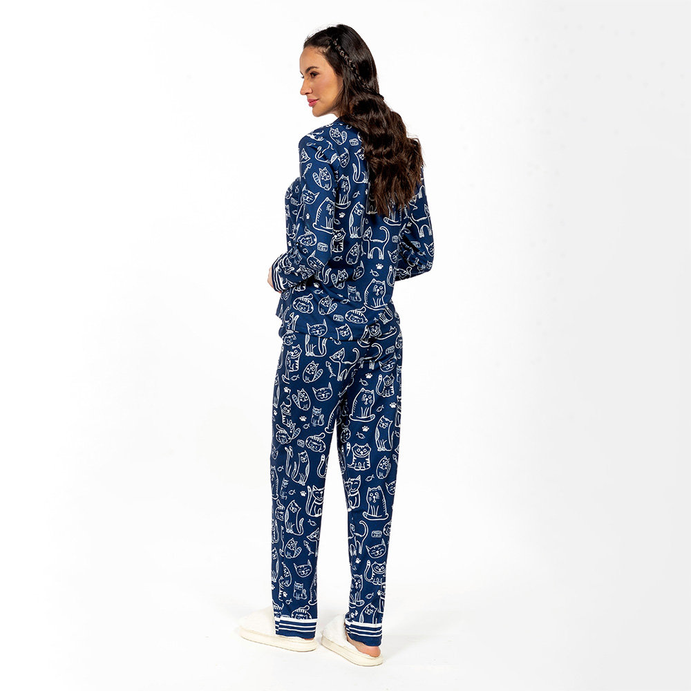 Pijama Feminino Manga Longa Americano Estampado Gatinho Peixe Pata Pijama Feminino Manga Longa Americano Estampado Gatinho Peixe Pata