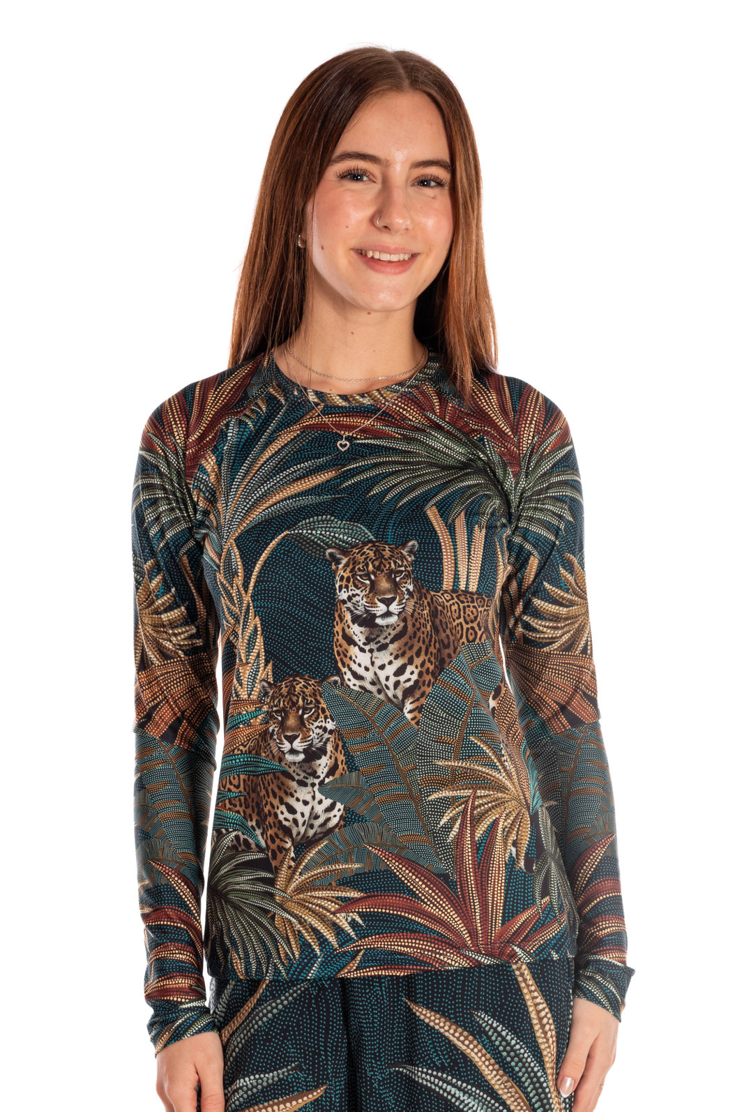 Camiseta Uv Básica Estampada Onças Pontos de Luz Camiseta Uv Básica Estampada Onças Pontos de Luz