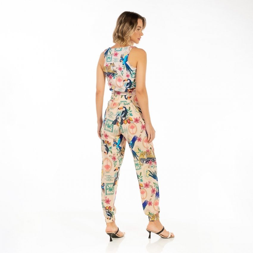 Calça Feminina Jogger Com Bolso Estampada Bichos Flores Verão Posta Calça Feminina Jogger Com Bolso Estampada Bichos Flores Verão Posta
