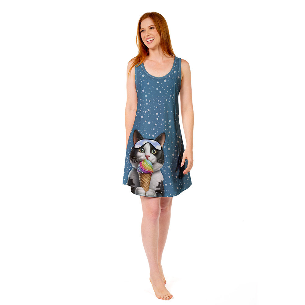Vestido Feminino Camisola Bons Sonhos Estampado Ice Cat Vestido Feminino Camisola Bons Sonhos Estampado Ice Cat