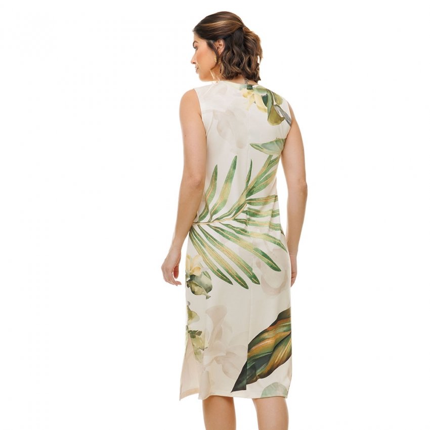 Vestido Feminino Clássico Midi Estampado Araras Folhagem Fundo Bege Vestido Feminino Clássico Midi Estampado Araras Folhagem Fundo Bege