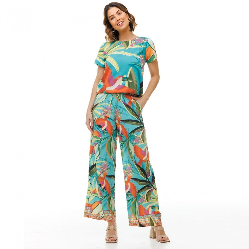 Calça Feminina Ampla Atena Estampada Tucano Fundo Turquesa Calça Feminina Ampla Atena Estampada Tucano Fundo Turquesa
