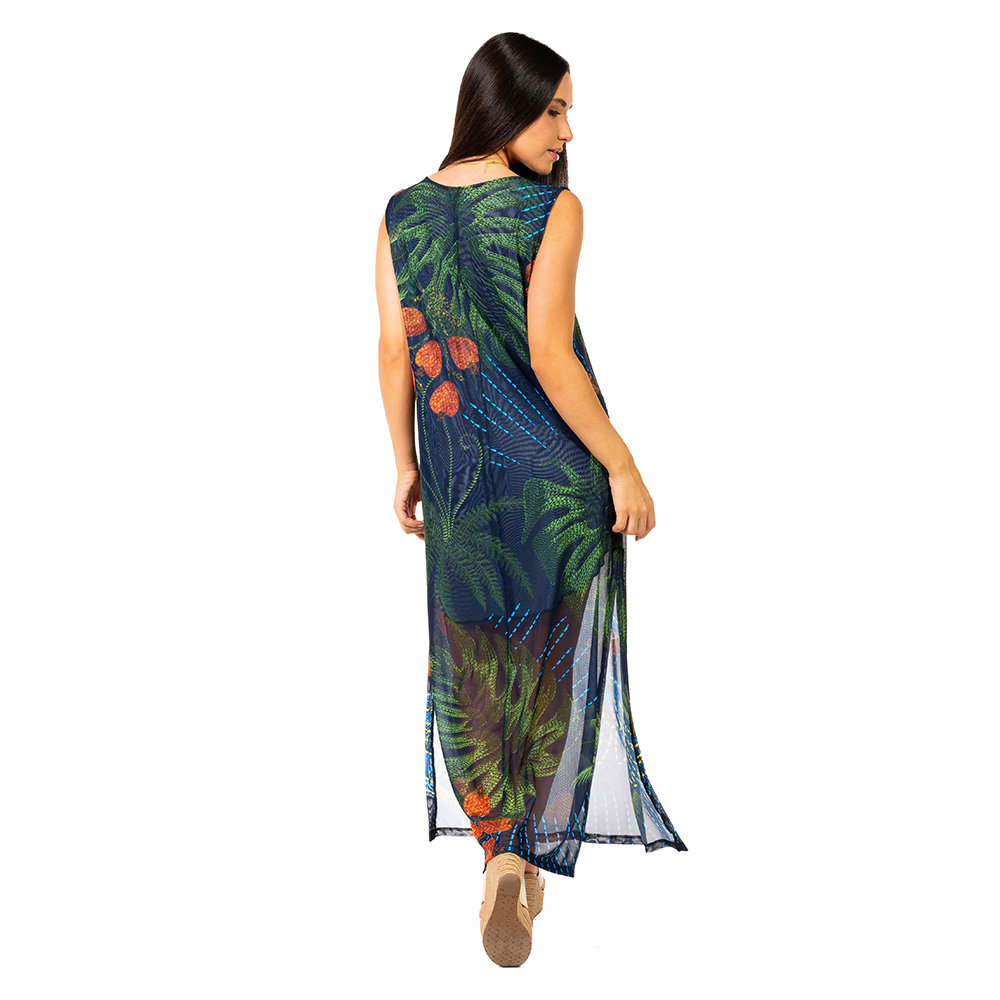 Vestido Feminino Tule Maré Estampado Arara Bord Barra Fundo Azul