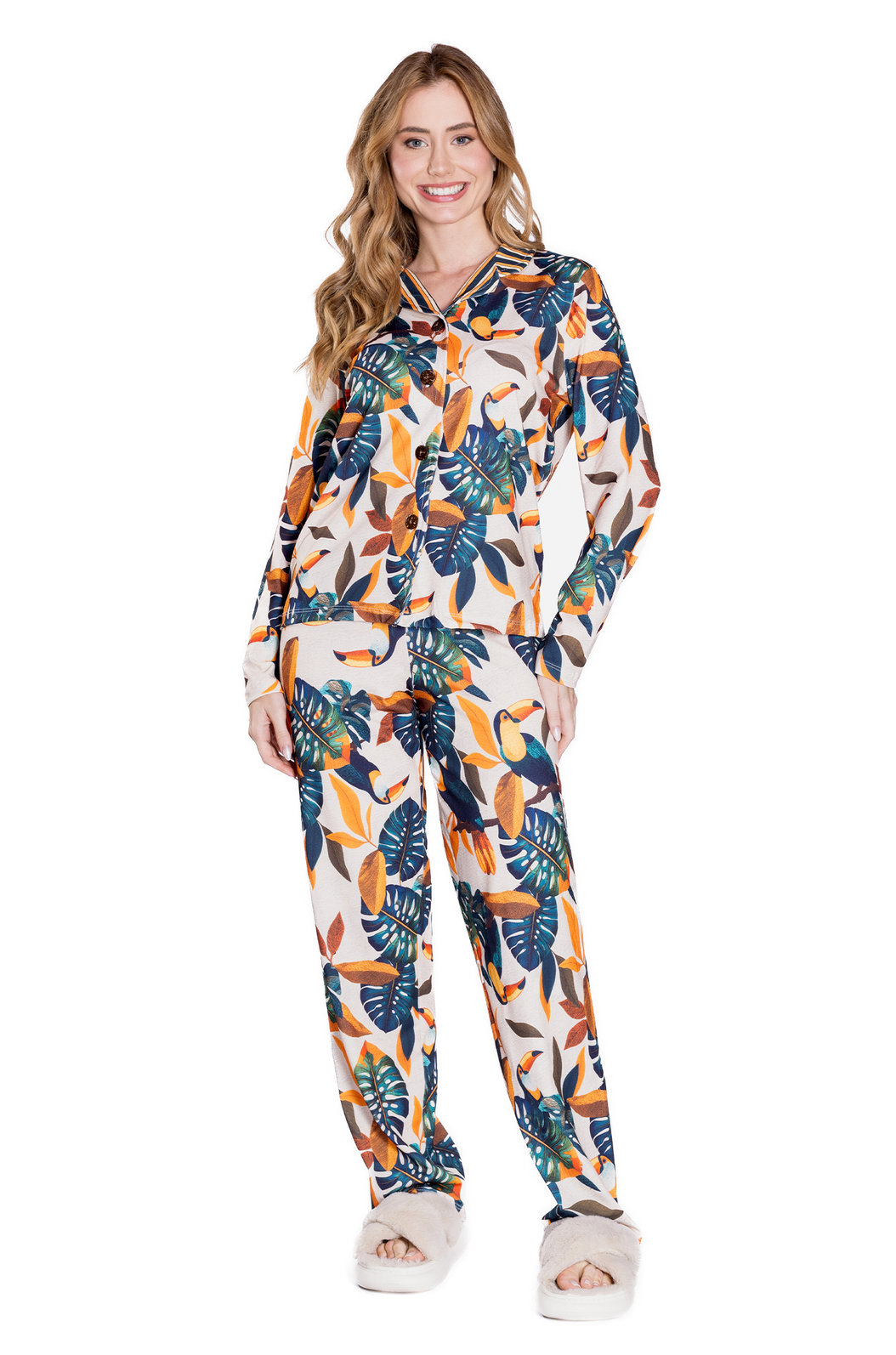 Pijama Feminino Manga Longa Americano Estampado Tucanos Tela Bordada