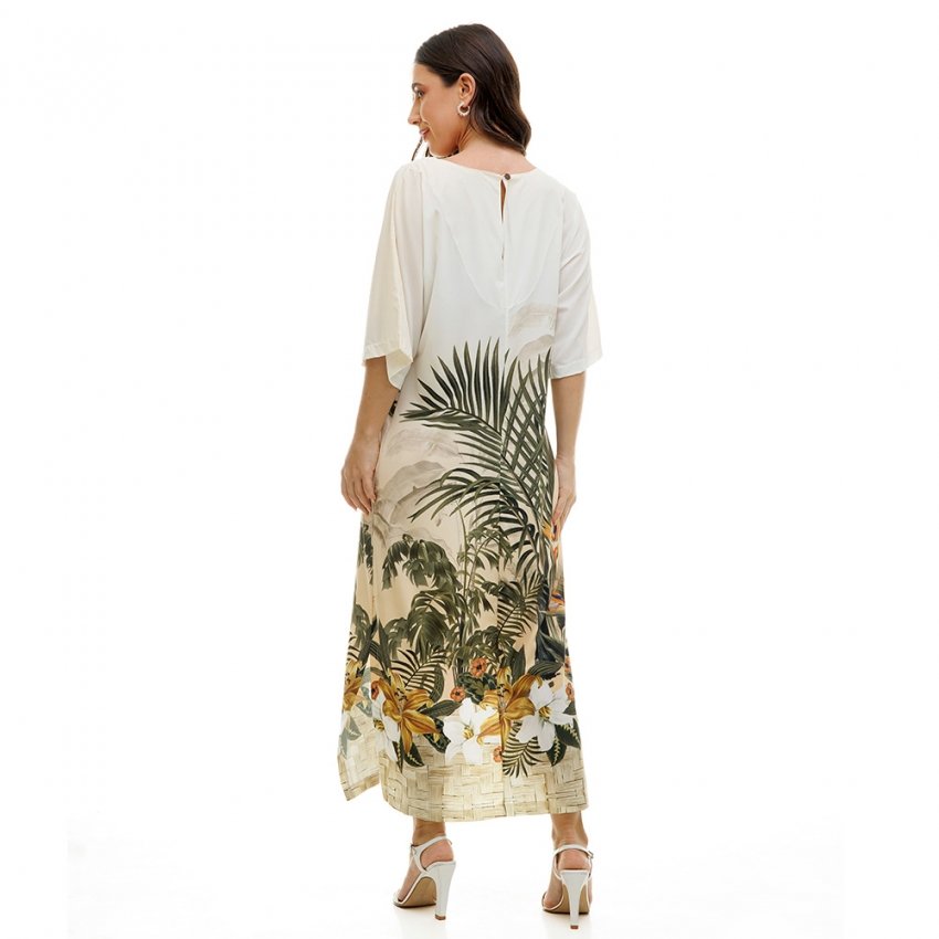 Vestido Feminino Kaftan Atena Estampado Pássaros Barrado Flores