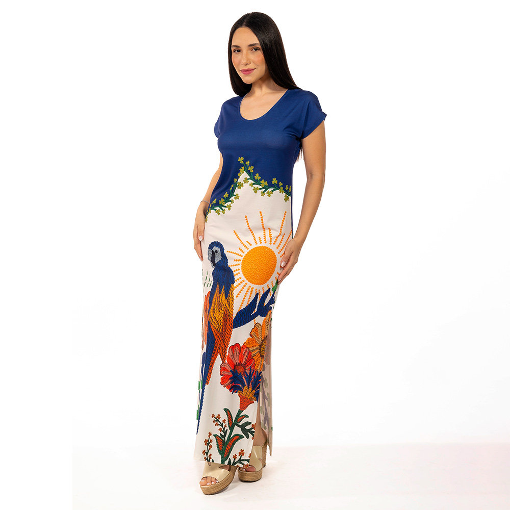 Vestido Feminino Jeri Longo New Estampado Arara Tropical Bordado