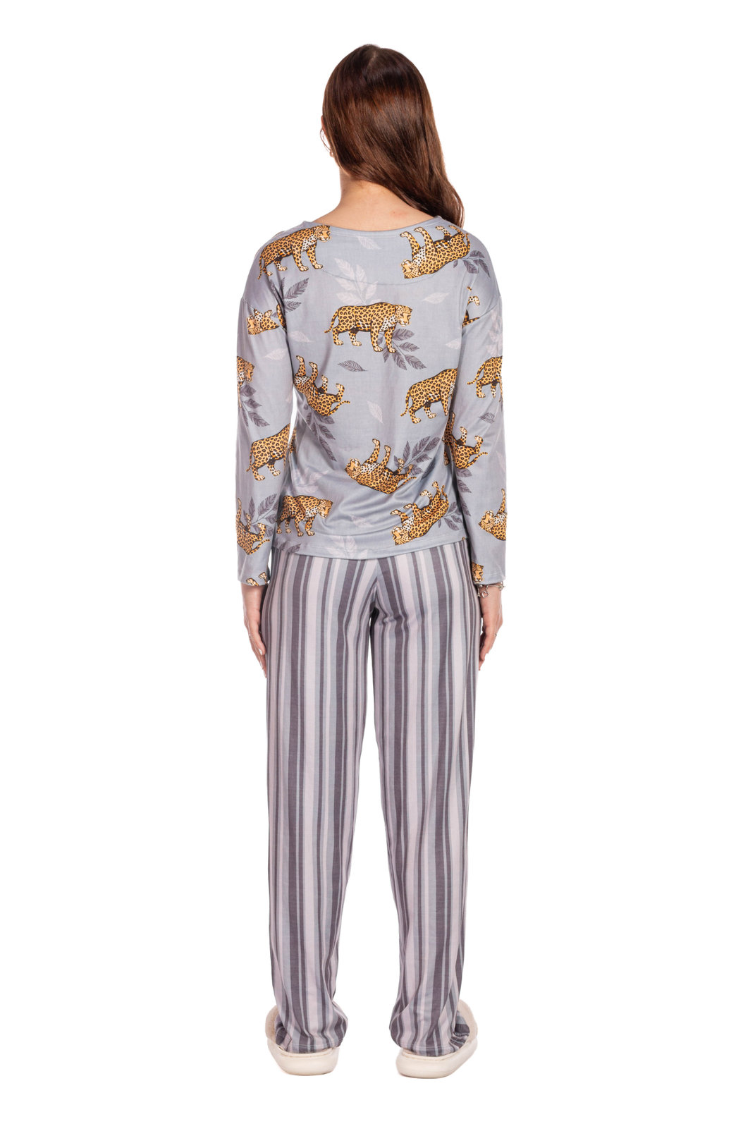 Pijama Feminino Manga Longa Adulto Estampado Onça Listras Folhas Pijama Feminino Manga Longa Adulto Estampado Onça Listras Folhas