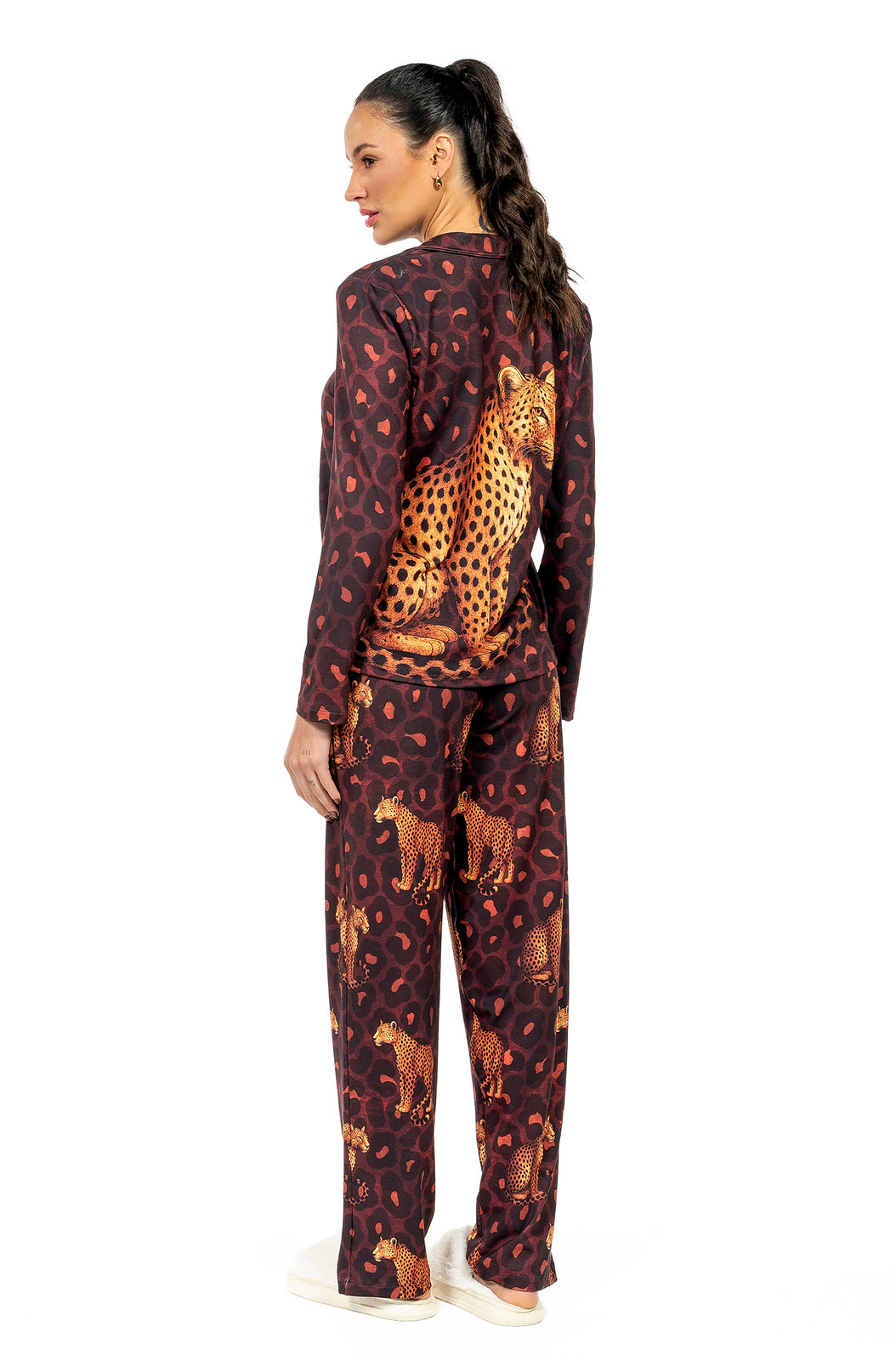 Pijama Feminino Manga Longa Americano Estampado Onças Animal Print Pijama Feminino Manga Longa Americano Estampado Onças Animal Print