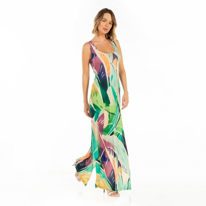 Vestido Feminino Hortência Estampado Folhagens Fundo Off