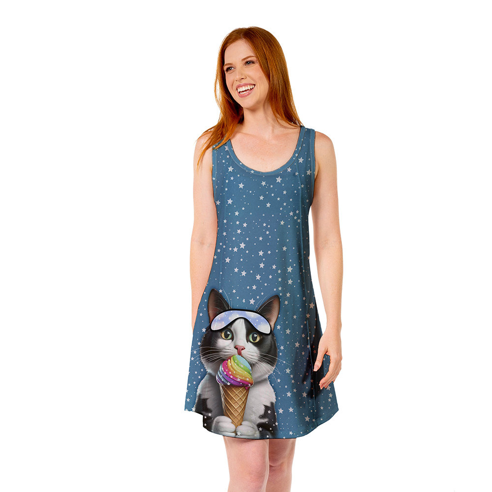 Vestido Feminino Camisola Bons Sonhos Estampado Ice Cat Vestido Feminino Camisola Bons Sonhos Estampado Ice Cat
