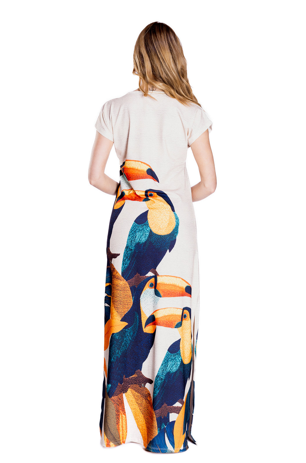 Vestido Feminino Jeri Longo New Estampado Tucanos Tela Bordada Vestido Feminino Jeri Longo New Estampado Tucanos Tela Bordada