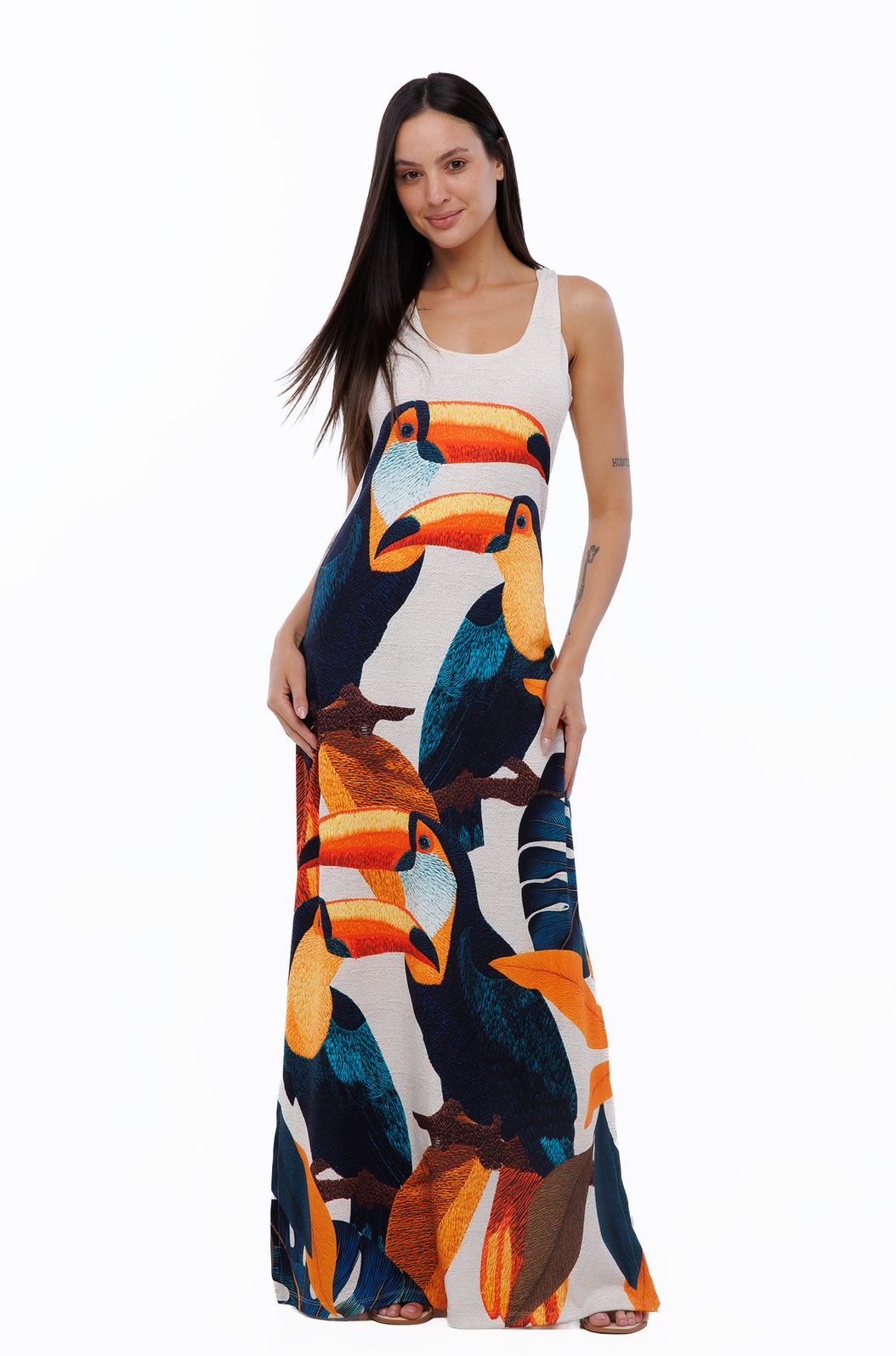 Vestido Feminino Hortência Estampado Tucanos Tela Bordada