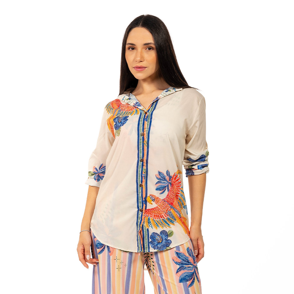 Camisa Atena Verão Alongada Estampada Pássaros e Flores Bordado Camisa Atena Verão Alongada Estampada Pássaros e Flores Bordado