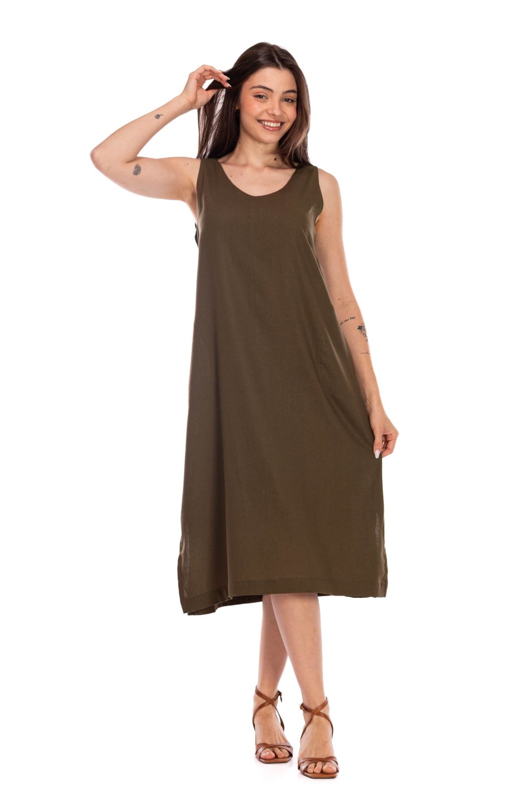 Vestido Feminino Linho Clássico com Bolso Verde Musgo Vestido Feminino Linho Clássico com Bolso Verde Musgo