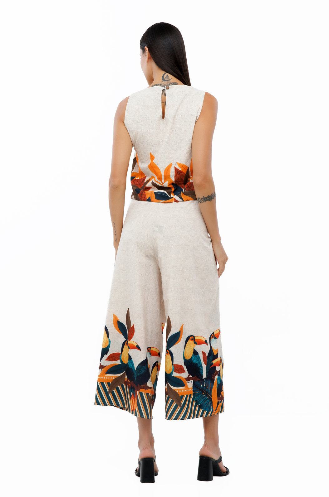Calça Feminina Transpassada Estampada Tucanos Tela Bordada
