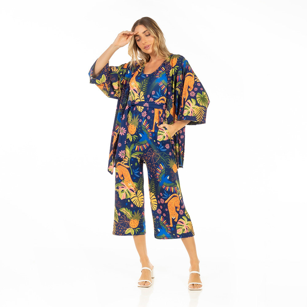 Kimono Raizes Estampado Onça Arara Candy Color