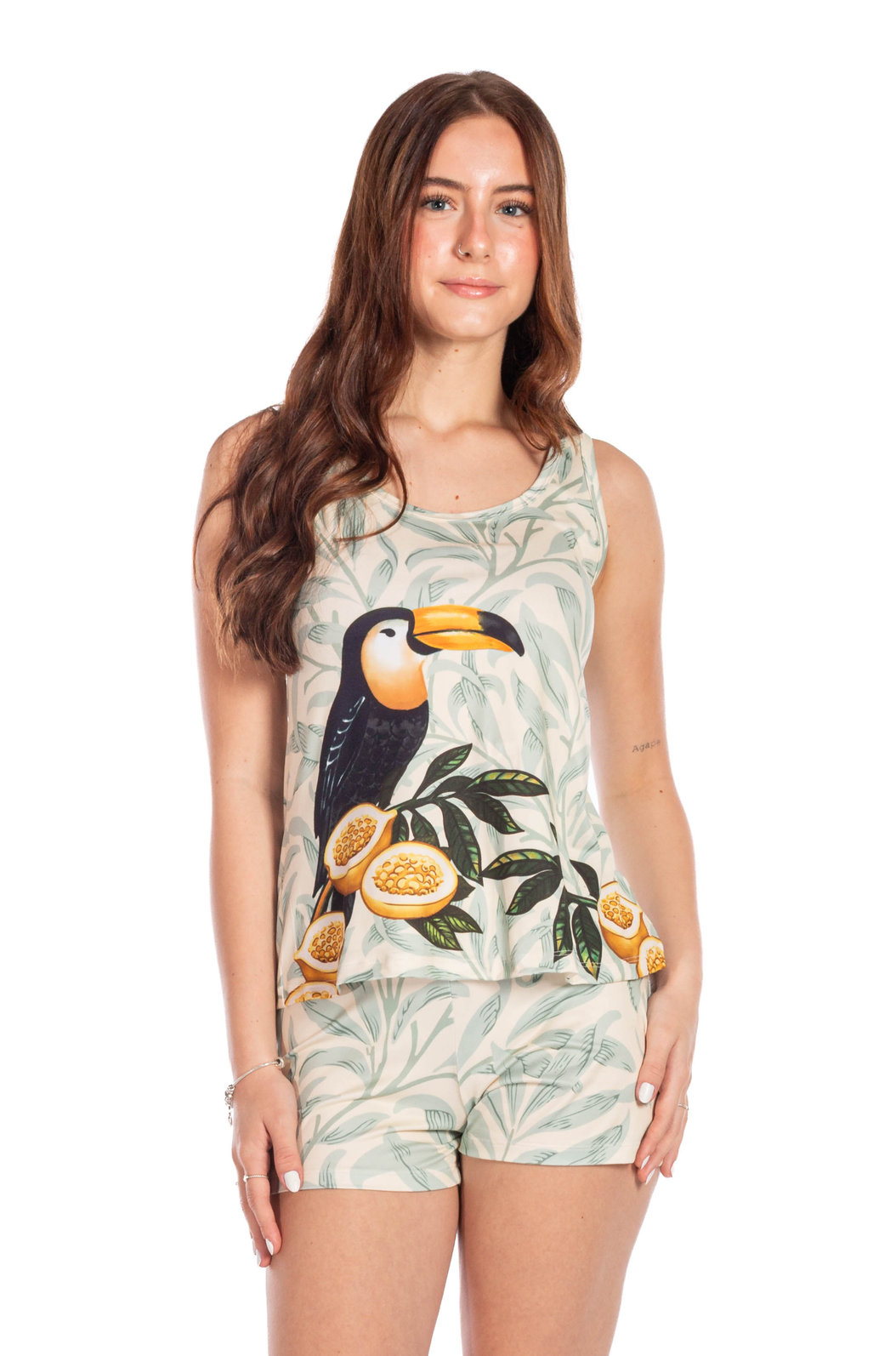 Pijama Feminino Adulto Estampado Tucano Maracuja Folhas Pijama Feminino Adulto Estampado Tucano Maracuja Folhas