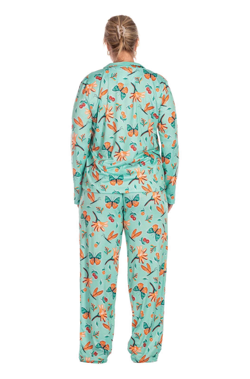 Pijama Feminino Manga Longa Americano Estampado Borboletas e Pitangas