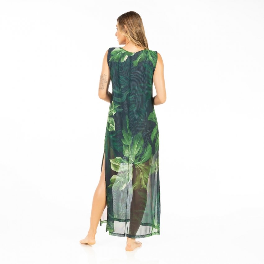 Vestido Feminino Tule Maré Estampado Casal Araras Fundo Folhagem Vestido Feminino Tule Maré Estampado Casal Araras Fundo Folhagem
