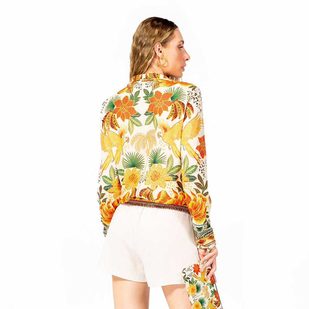 Jaqueta Bomber Catarina Estampada Arara Banana Bordado Barrado Jaqueta Bomber Catarina Estampada Arara Banana Bordado Barrado