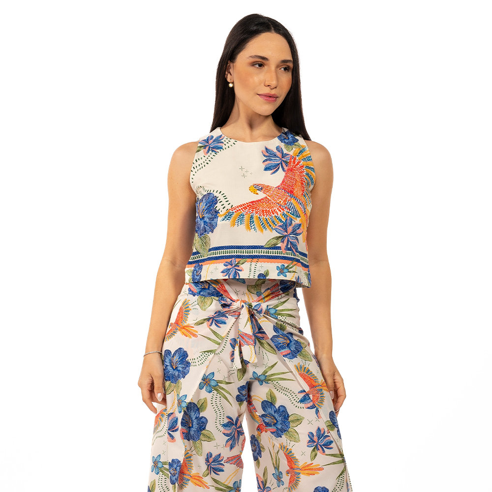 Cropped Atena Estampado Pássaros e Flores Bordado