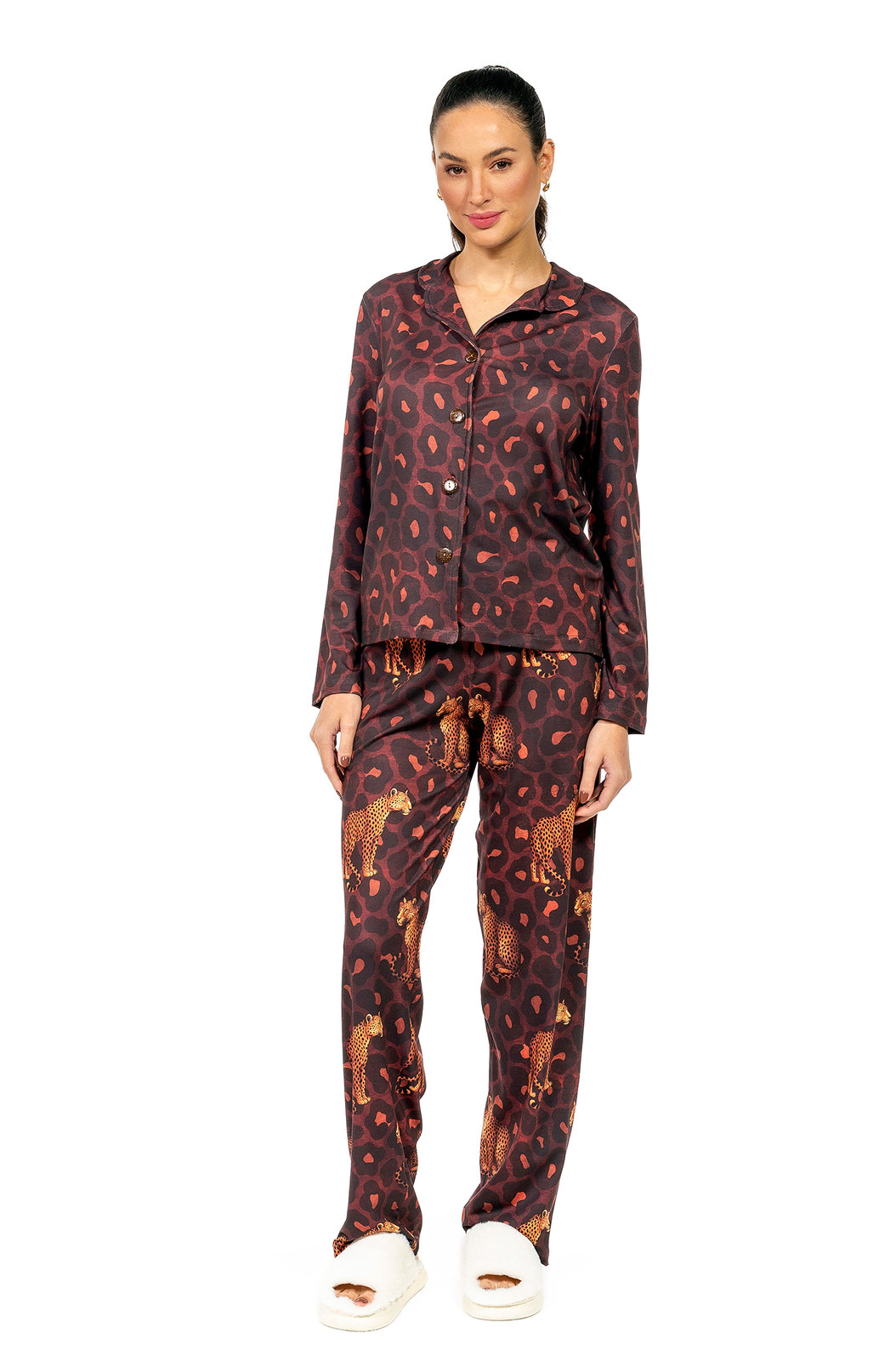 Pijama Feminino Manga Longa Americano Estampado Onças Animal Print Pijama Feminino Manga Longa Americano Estampado Onças Animal Print
