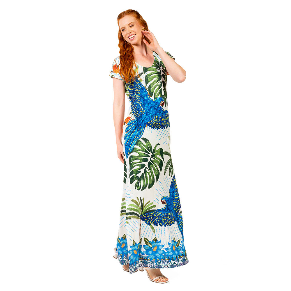 Vestido Feminino Jeri Longo New Estampado Arara Bordado Barra Fundo Azul