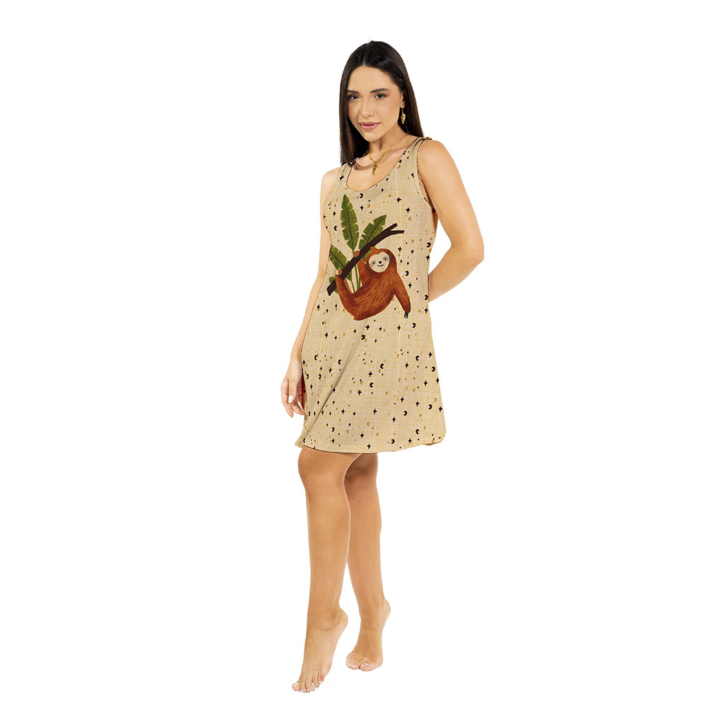 Vestido Feminino Camisola Bons Sonhos Estampado Preguiça Tucano Fundo Marrom Vestido Feminino Camisola Bons Sonhos Estampado Preguiça Tucano Fundo Marrom