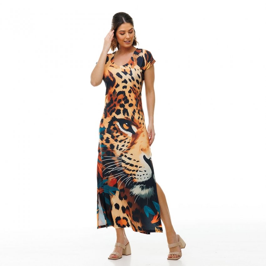 Vestido Feminino Jeri Longo New Estampado Cara Onça Folhagem Sepia Vestido Feminino Jeri Longo New Estampado Cara Onça Folhagem Sepia