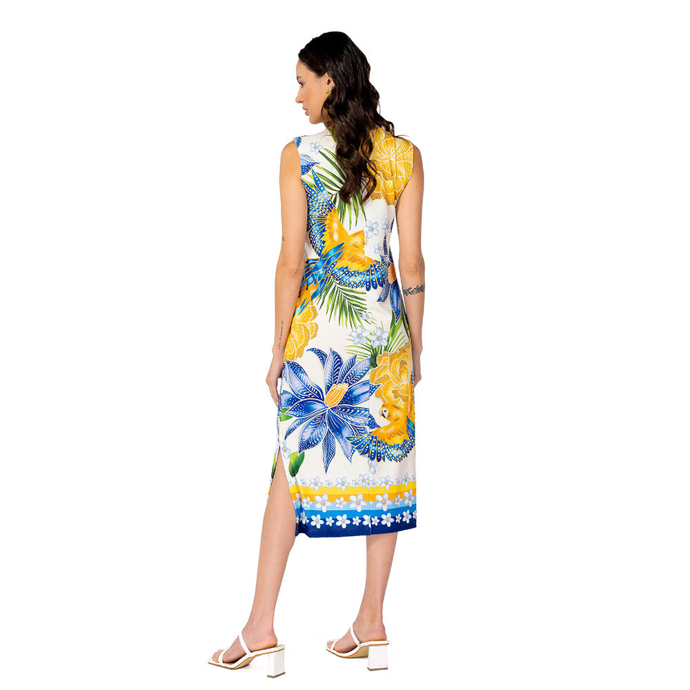 Vestido Feminino Clássico Midi Estampado Araras Flores Cores Brasil