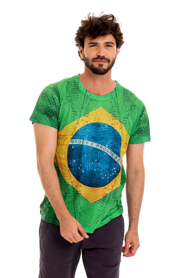 Camiseta Masculina Básica Estampada Bandeira Lantejoulas Camiseta Masculina Básica Estampada Bandeira Lantejoulas