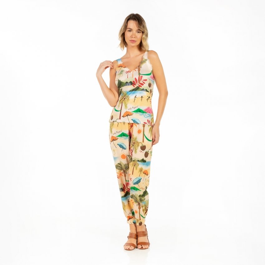 Calça Feminina Jogger Com Bolso Estampada Vida Tropical Praia Calça Feminina Jogger Com Bolso Estampada Vida Tropical Praia