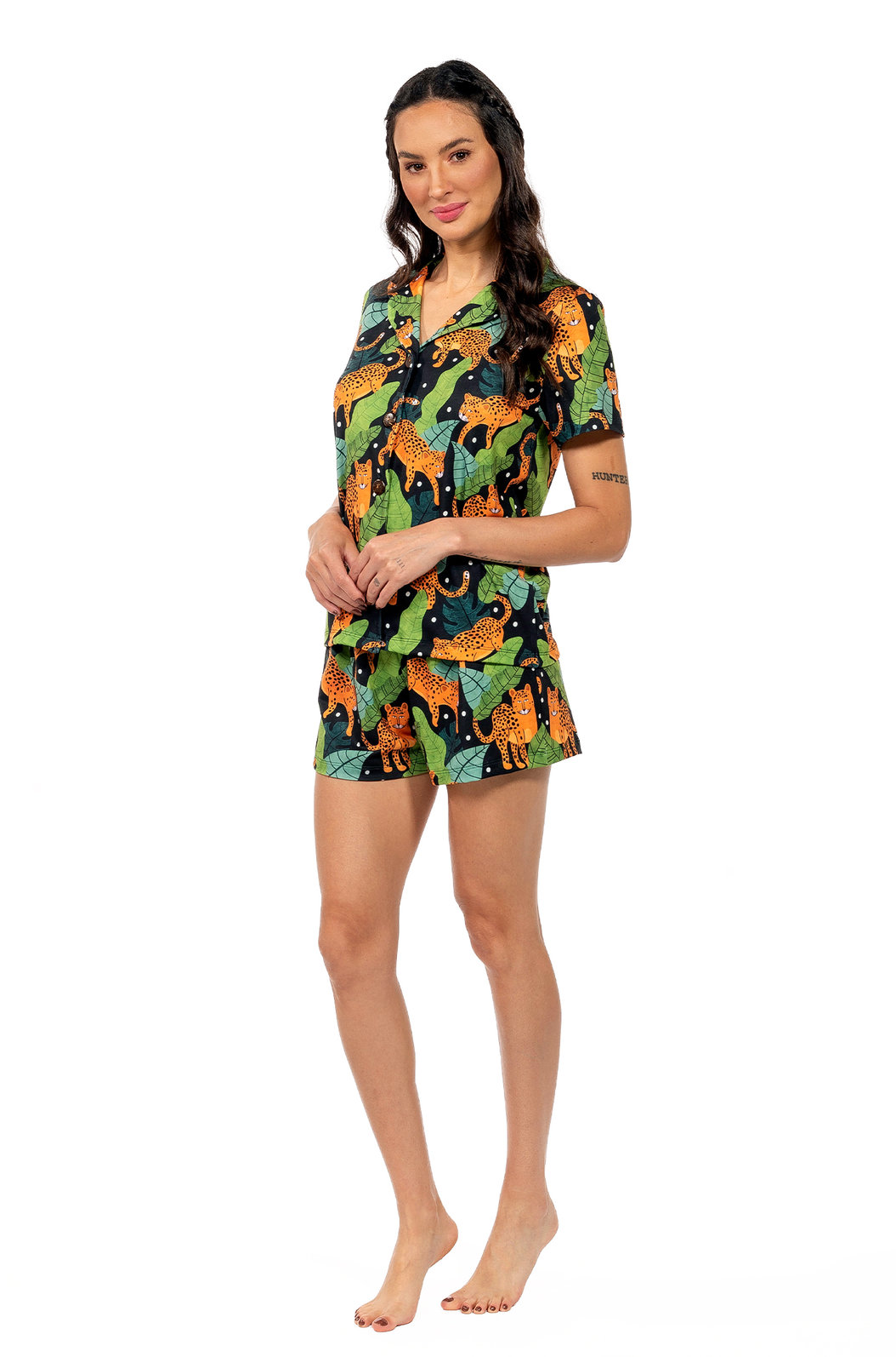 Pijama Feminino Manga Curta Americano Estampado Onças Folhas Poá Pijama Feminino Manga Curta Americano Estampado Onças Folhas Poá