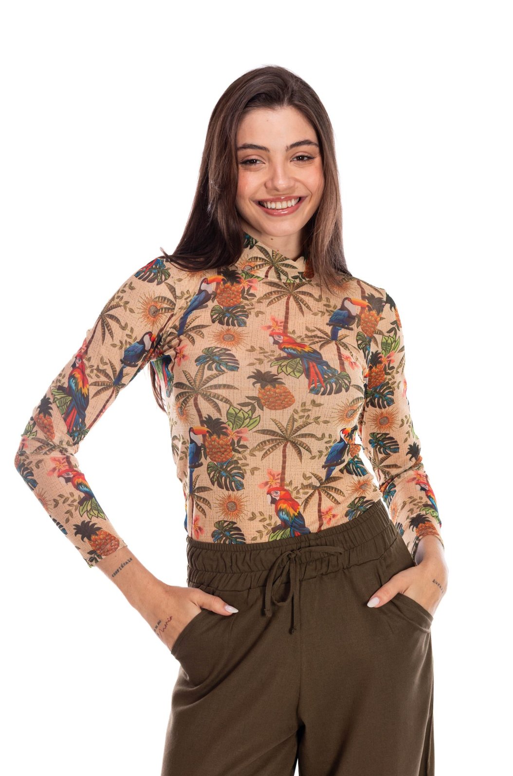 Blusa Tule Segunda Pele Estampada Aves Tropicais Barrado Blusa Tule Segunda Pele Estampada Aves Tropicais Barrado
