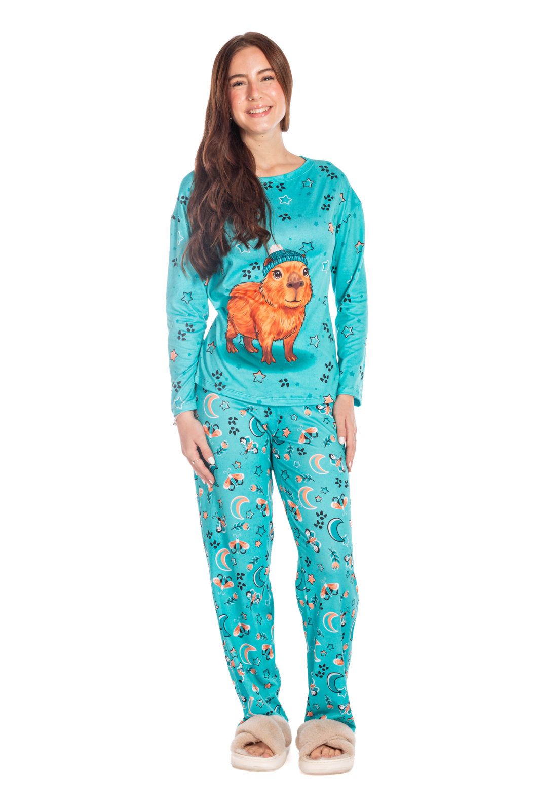 Pijama Feminino Manga Longa Adulto Estampado Capivara Touca Estrelas Pijama Feminino Manga Longa Adulto Estampado Capivara Touca Estrelas