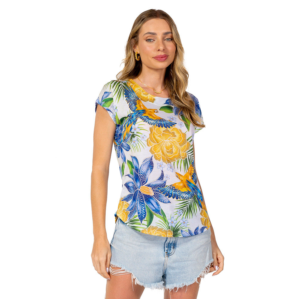 Blusa Jasmim Estampada Araras Flores Cores Brasil