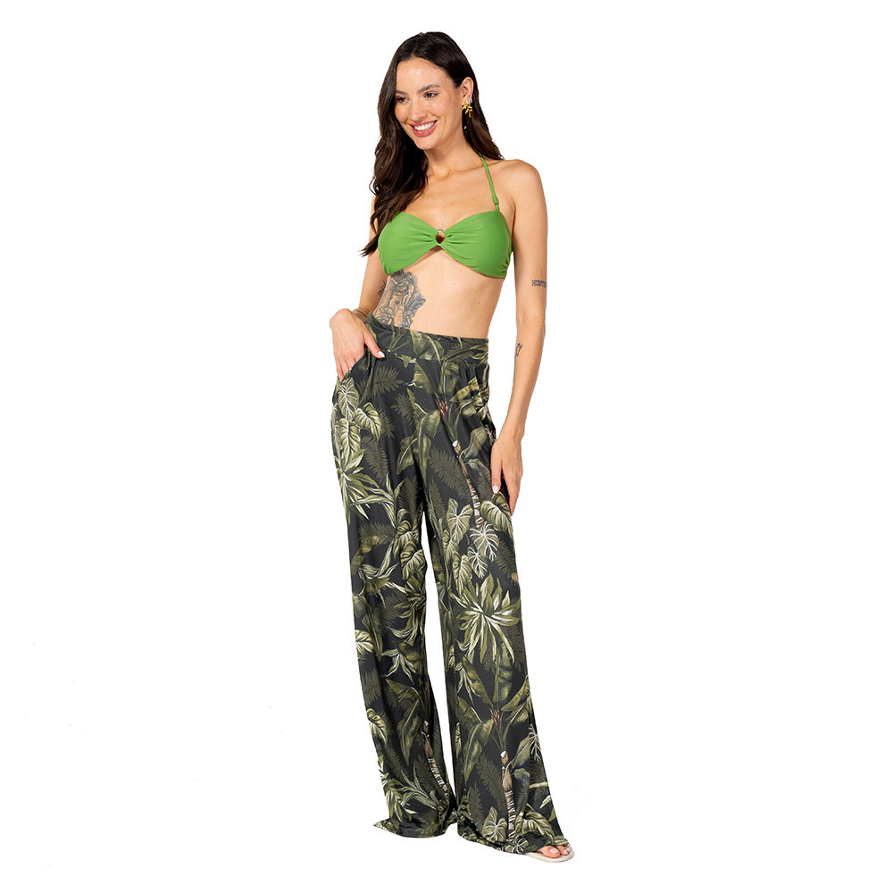 Calça Feminina Com Fenda New Estampada Folhagens Fundo Linho Off Calça Feminina Com Fenda New Estampada Folhagens Fundo Linho Off