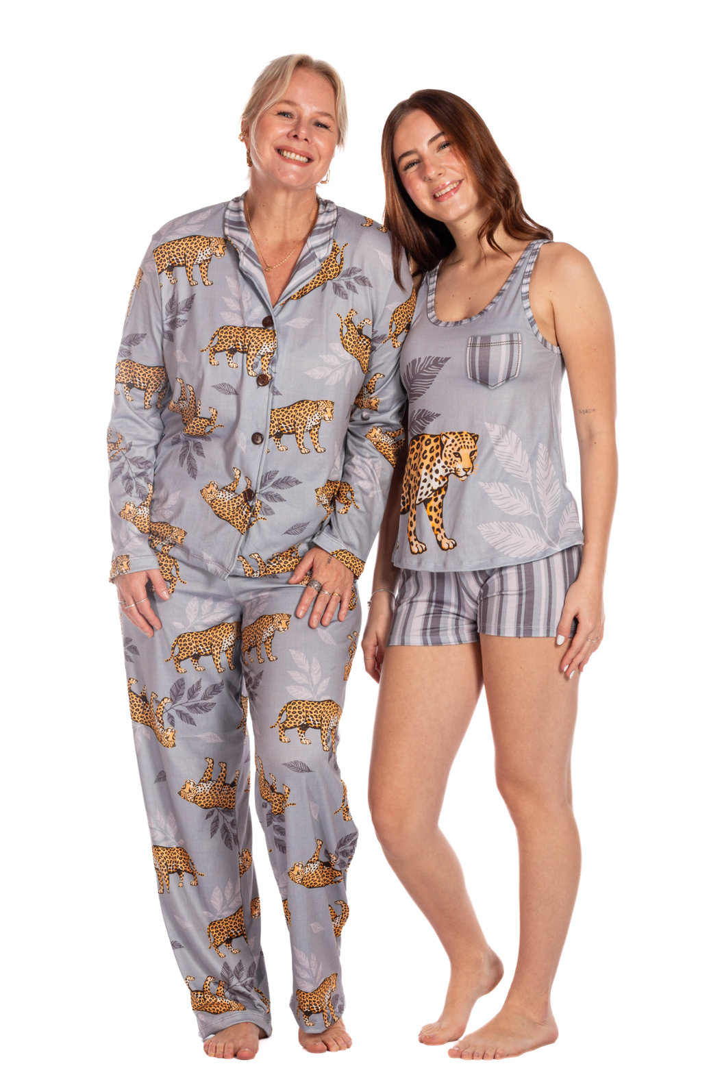 Pijama Feminino Manga Longa Americano Estampado Onça Listras Folhas Pijama Feminino Manga Longa Americano Estampado Onça Listras Folhas