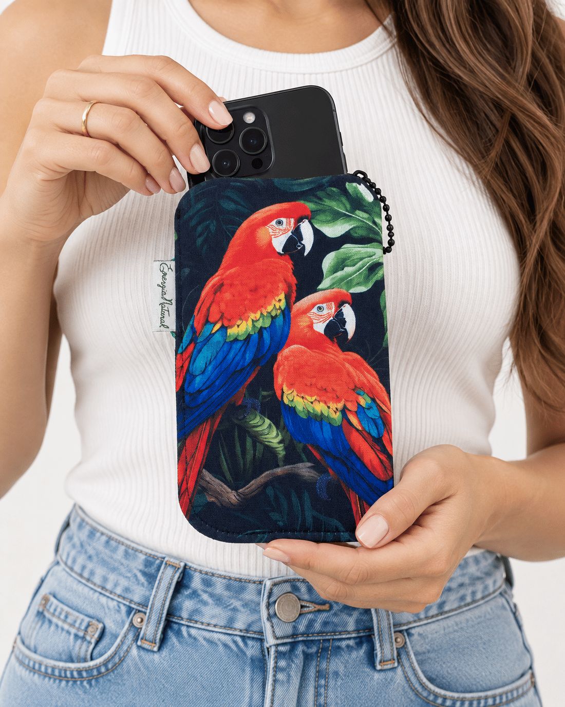 Porta Celular Estampado Casal Araras Fundo Folhagem