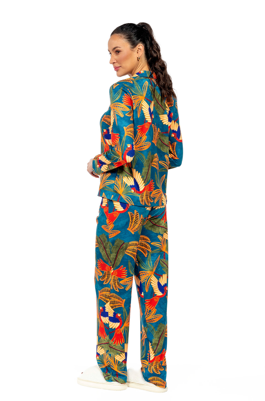 Pijama Feminino Manga Longa Americano Estampado Araras Bananas Pijama Feminino Manga Longa Americano Estampado Araras Bananas