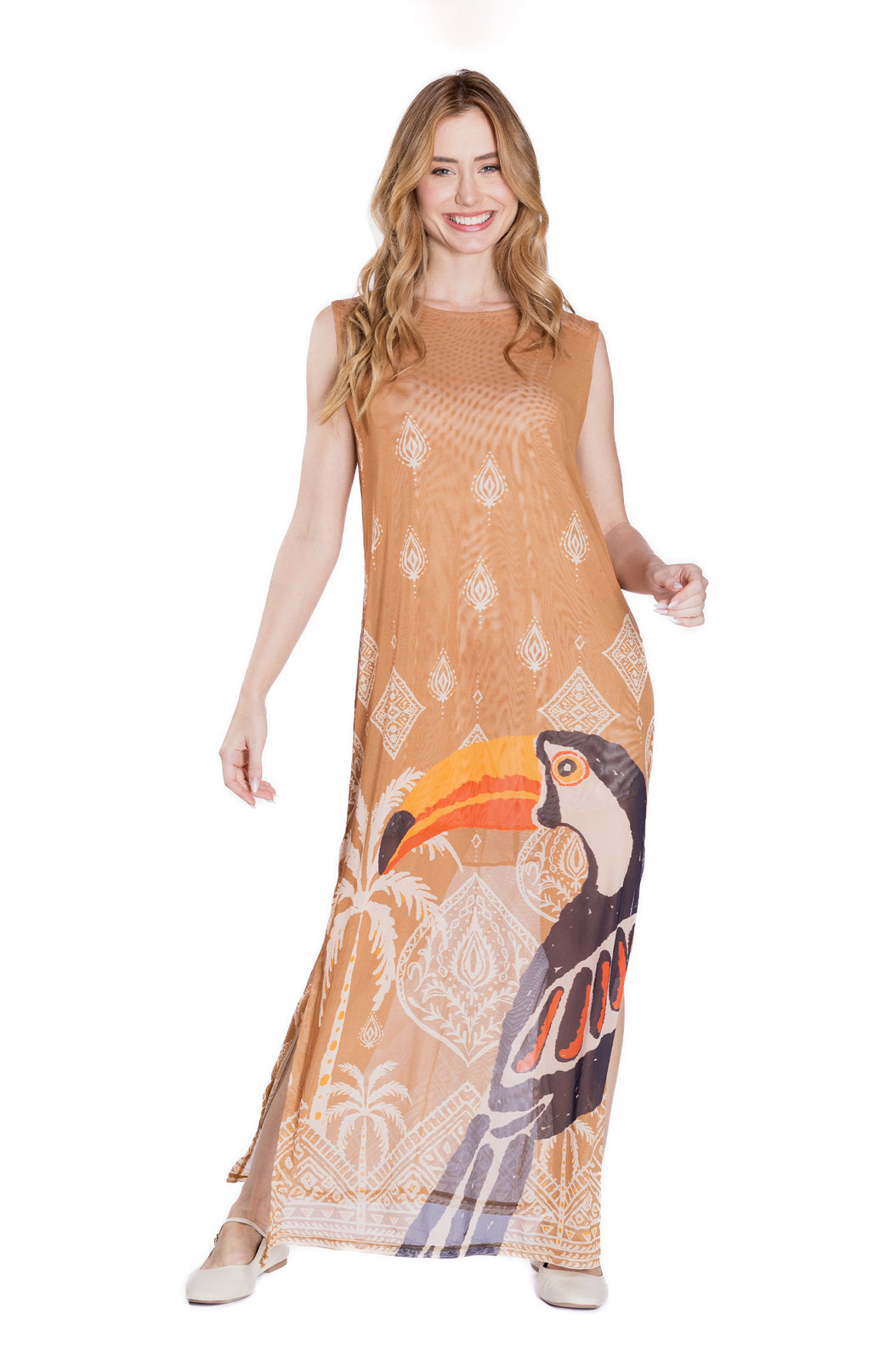 Vestido Feminino Tule Maré Estampado Tucano Desenhos Étnicos Vestido Feminino Tule Maré Estampado Tucano Desenhos Étnicos
