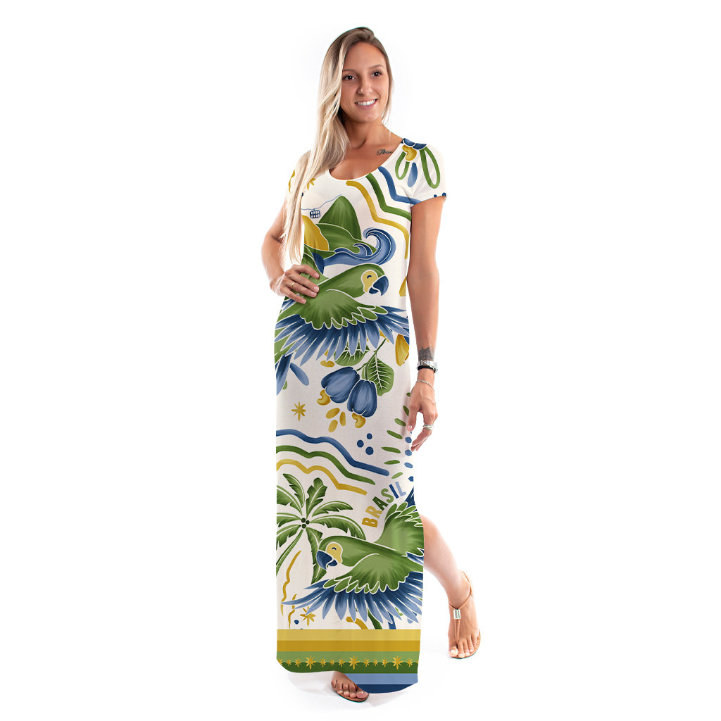 Vestido Feminino Jeri Longo New Estampado Motivos Tropicais Brasil Vestido Feminino Jeri Longo New Estampado Motivos Tropicais Brasil