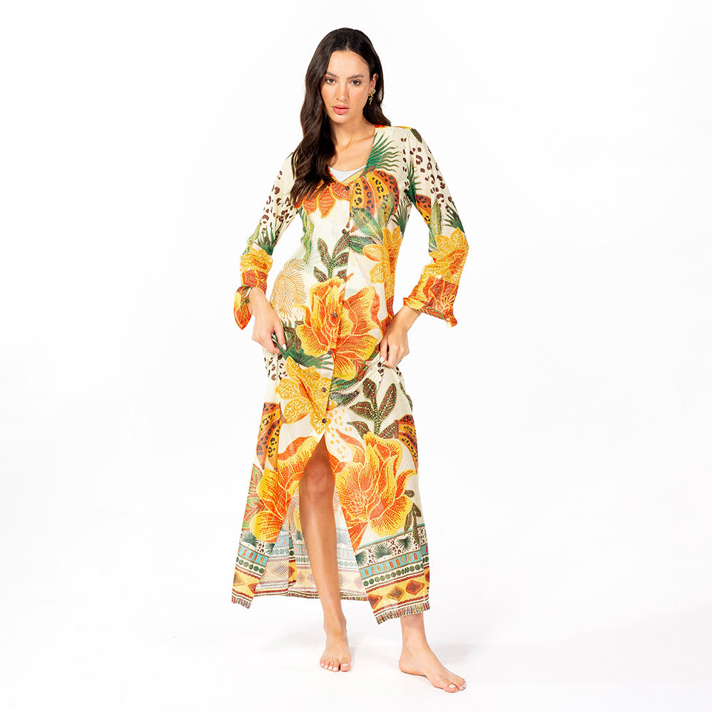 Saída de Praia Trancoso Estampada Arara Banana Bordado Barrado Saída de Praia Trancoso Estampada Arara Banana Bordado Barrado