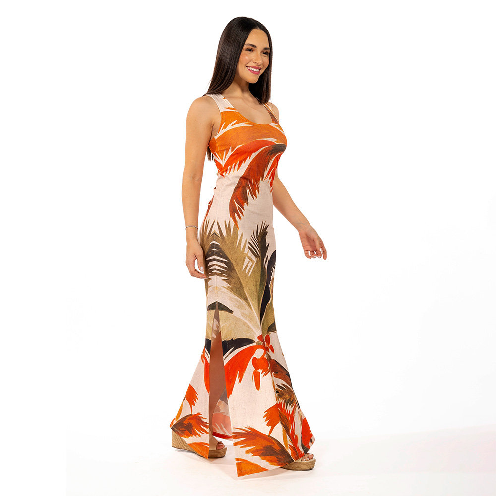 Vestido Feminino Hortência Estampado Coqueiros Aquarela Vestido Feminino Hortência Estampado Coqueiros Aquarela
