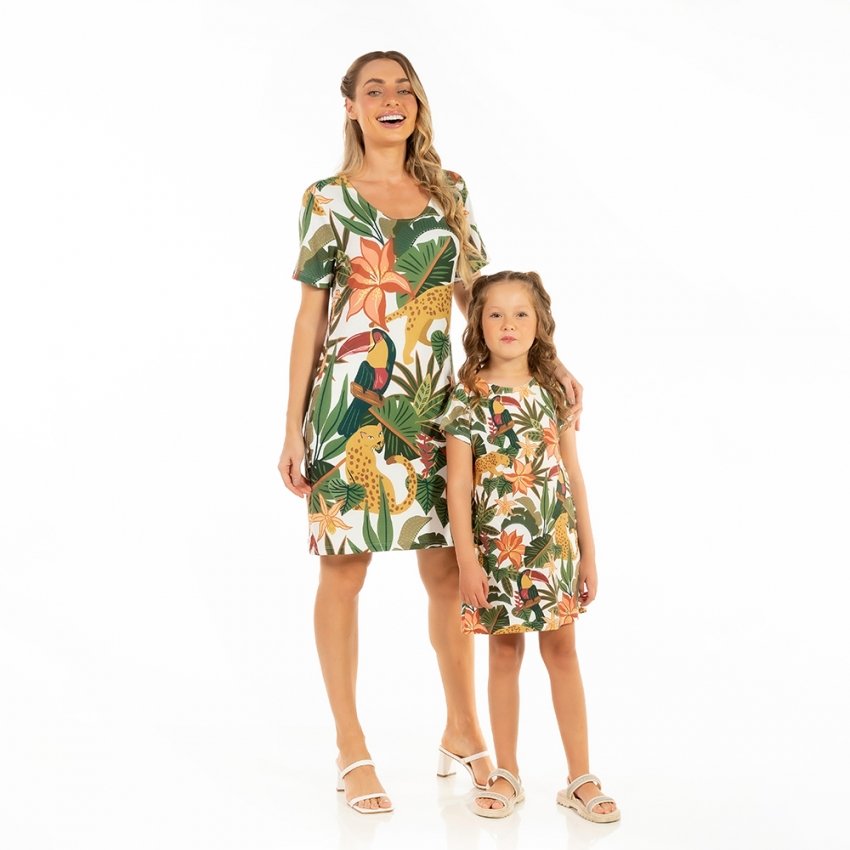 Vestido Feminino Floresta Estampado Onça Tucano Tropical Fundo Off