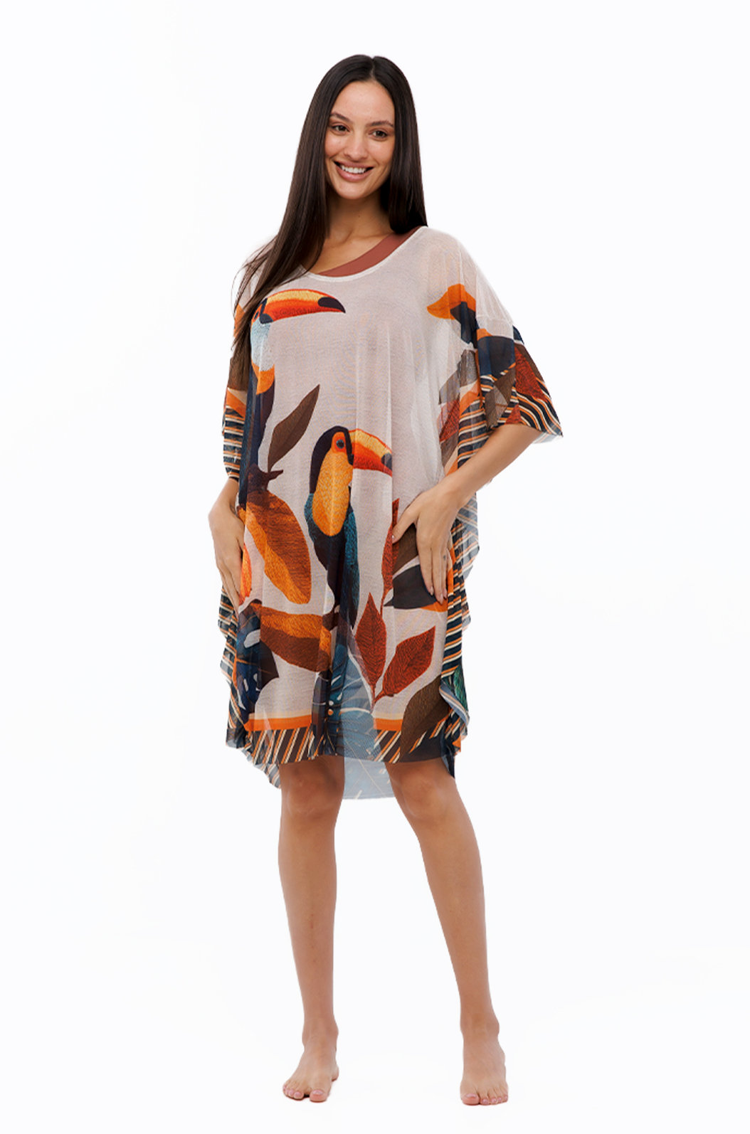 Saída de Praia Kaftan Tule Maré Estampada Tucanos Tela Bordada Saída de Praia Kaftan Tule Maré Estampada Tucanos Tela Bordada