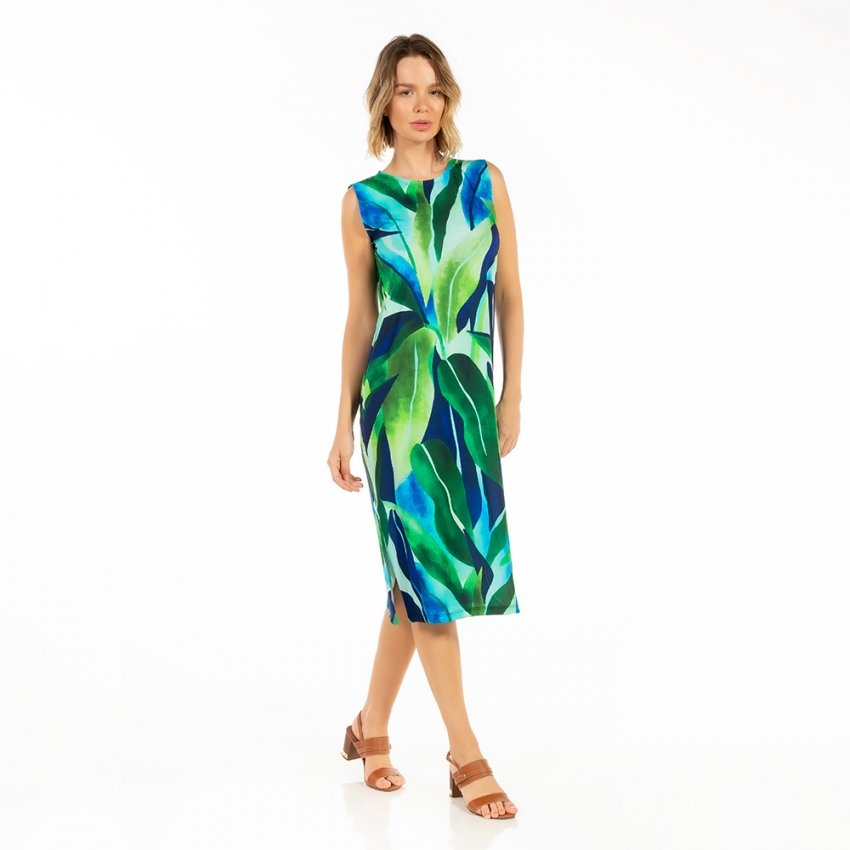 Vestido Feminino Clássico Midi Estampado Folhagens Verdes e Azuis Vestido Feminino Clássico Midi Estampado Folhagens Verdes e Azuis